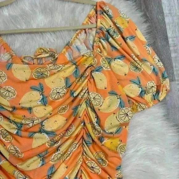 Lilly white ruched short sleeve orange lemon criss cross back top 2x - Picture 5 of 6